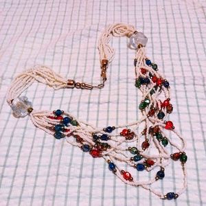 Vintage Mutli strand beaded custom necklace jewelery. Glass. White. Red